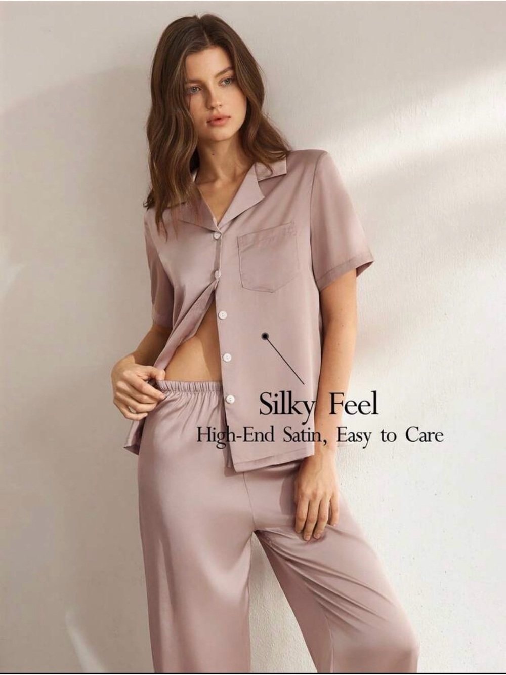 Satin Short-Sleeve Pajama Set in Khaki
